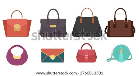 Vector set of various bags. A fashionable set of bag clip art in vector flat style for sticker and digital crafting.