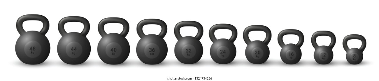 Vector set of various beautiful realistic black iron cast kettlebells on white background.