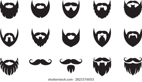 Vector set of various black beard and mustache silhouette icons for barbershop logos and hipster men grooming identity designs