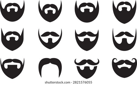 Vector set of various black beard and mustache silhouette icons for barbershop logos and hipster men grooming identity designs
