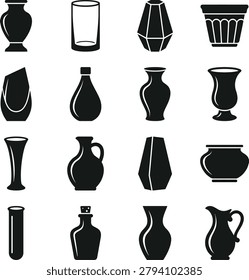 Vector set of various black vase shapes including geometric vessels and traditional pottery for home and garden decor.