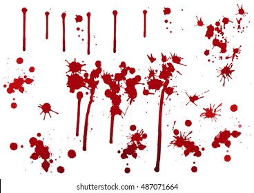 Vector Set of various blood or paint splatters,drops and trail. Isolated on white background.