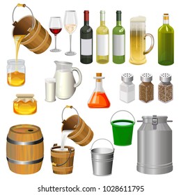 Vector set of various bottles, containers and other kitchen utensils. Illustration isolated on white background