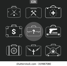 Vector Set Of Various Briefcases Icon. Illustration Concept Of Lifestyle Specialty: Doctor, Barber, Murderer, Drug Dealer, Builder, Worker, Preacher. Suitcases In Thin Line Style. 