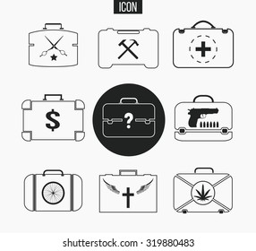 Vector Set Various Briefcases. Illustration Of Business Suitcase In Thin Line Style. Icons, That Illustrate Lifestyle Specialty: Doctor, Barber, Murderer, Drug Dealer, Builder, Worker, Preacher, 