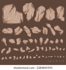 Conjunto vectorial de varias piedras rotas de arcilla seca. Colección de caricaturas de rocas de tierra destrozada con grietas aisladas de fondo. Grava y bloques dibujados a mano