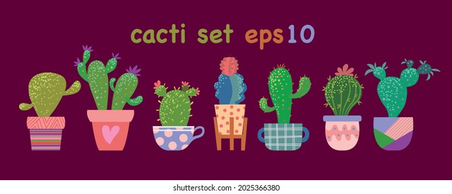 Vector set of various cacti in assorted ornamental flowerpot and pots.