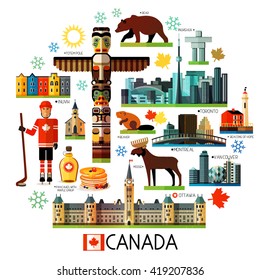 Vector Set of Various Canada Icons on a Circle Shape.