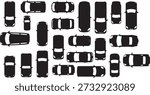 Vector set of various car silhouettes and outlines from a top-down perspective, including sedans, SUVs, and luxury vehicles for transport and urban planning icons.