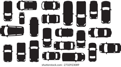 Conjunto de Vector de varias siluetas y contornos de automóviles desde una perspectiva descendente, incluidos sedanes, SUV y vehículos de lujo para íconos del transporte y la planificación urbana.