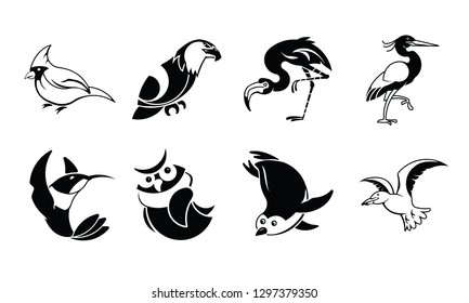 Vector set of various cartoon birds, cardinal, eagle, flamingo, heron, hummingbird, owl, penguin, seagull.