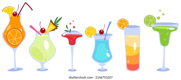 Conjunto de vectores de varios cócteles de dibujos animados. Gafas de diferentes formas con frutas. Todos los elementos están aislados.