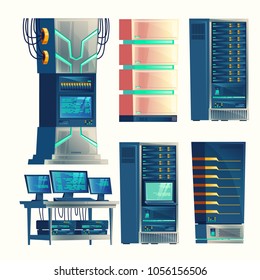 Vector set of various cartoon control room, server racks, database, data center. Hosting, networking, administration of internet technology. Computer hardware, equipment isolated on white background