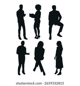 Conjunto de Vector de varias siluetas de personajes con una amplia gama de personas. Incluye hombres, mujeres, niños, ancianos, profesionales de negocios, estudiantes, trabajadores y poses casuales. 