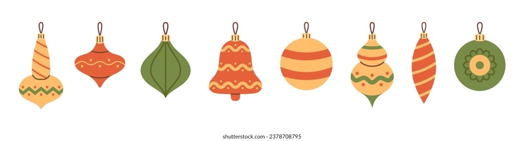 Vector set of various Christmas baubles and balls in red, green and yellow colors. Collection of Christmas ornaments and decorations in flat design. New Year and Christmas long illustration.