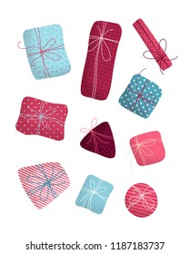 Vector set of various Christmas or Birthday gifts. Happy holidays flat design elements isolated on white background. Pink and blue illustration. Grunge hand-drawn texture.