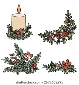 vector set of various christmas decorations, isolated on white background, hand drawn illustration