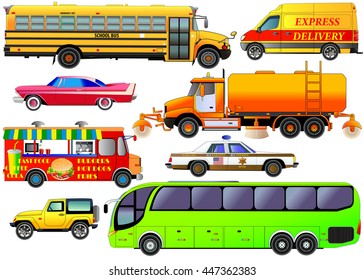 Vector set of various city urban traffic, isolated on white. Vehicles icons of modern tour bus, vintage car, post delivery van, school bus, SUV, cleaning truck, fast food van, police car. Flat style