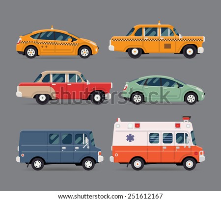 Vector set of various city urban traffic vehicles icons featuring yellow modern and retro taxi cabs, old fashioned vintage car, hybrid car, cargo delivery van, ambulance. Side view, isolated