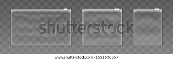 Vector set of various closed\
empty transparent plastic zipper bag isolated on transparent\
background.