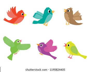 Vector set of various colored cartoon birds