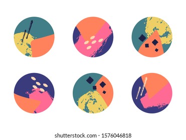 Vector set of various colorful highlight covers for social media stories. Abstract round icons with liquid shapes, lines, geometric elements. Hand drawn templates, perfect for bloggers