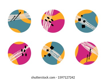 Vector set of various colorful highlight covers for social media stories. Abstract round icons with liquid shapes, lines, geometric elements. Hand drawn templates, perfect for bloggers