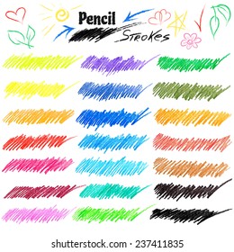 Vector set of various colorful pencil strokes on white background. Hand-drawn with crayons. Element for your design.