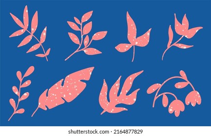 Vector set of various colorful pink plants and flowers on a blue background. Hand drawn doodles. Modern fashion illustration. Flat design, cartoon hand drawn, vector.