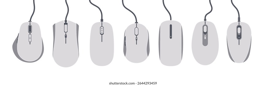 Conjunto vetorial de vários mouses de computador. Rato isolado. Inclui designs modernos, com fio e wireless. Ideal para tecnologia, interface do usuário, ícones de hardware, configurações de escritório e ilustrações de dispositivos digitais. Cor branca.