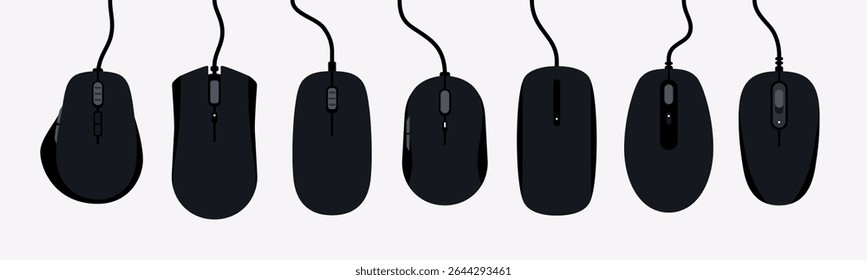 Vector set of various computer mice. Mouse isolated. Includes modern, wired, and wireless designs. Ideal for tech, UI, hardware icons, office setups, and digital device illustrations. Black color.