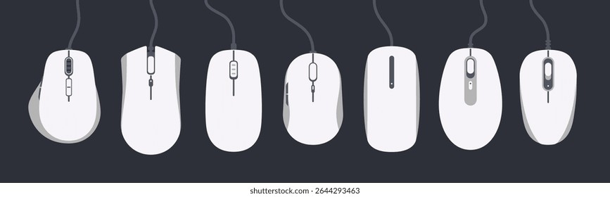 Conjunto vetorial de vários mouses de computador. Rato isolado. Inclui designs modernos, com fio e wireless. Ideal para tecnologia, interface do usuário, ícones de hardware, configurações de escritório e ilustrações de dispositivos digitais. Cor branca.
