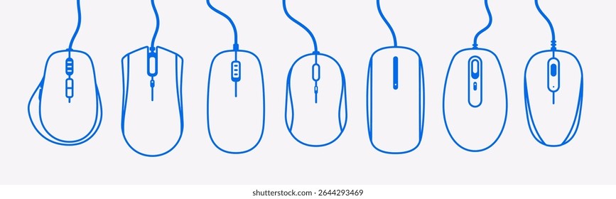 Conjunto vetorial de vários mouses de computador. Rato isolado. Inclui designs modernos, com fio e wireless. Ideal para tecnologia, interface do usuário, ícones de hardware, configurações de escritório e ilustrações de dispositivos digitais. Contorno.