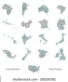 A vector set of various country shapes in a pixel art style