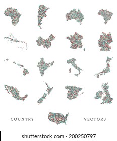 A vector set of various country shapes in a pixel art style