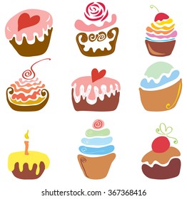 vector set of various cupcakes with toppings and flavors/many delicious festive cakes