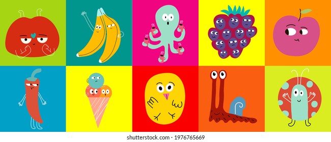 Vector set. Various cute colored doodle objects. Hand drawn trendy vector illustrations for print.