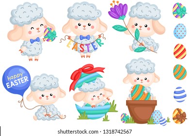 A Vector Set of Various Cute Male Sheep and Eggs Celebrating Easter Day