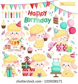 A Vector Set of Various Cute Sheep Celebrating Birthday with Cakes and Many Gifts