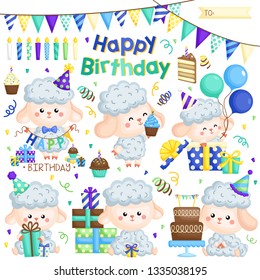 A Vector Set of Various Cute Sheep Celebrating Birthday with Cakes and Many Gifts
