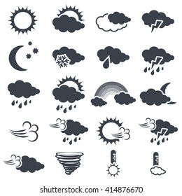 Vector set of various dark grey weather symbols, elements of forecast - icon of sun, cloud, rain, moon, snow, wind, whirlwind, rainbow, storm, tornado, thermometer  
