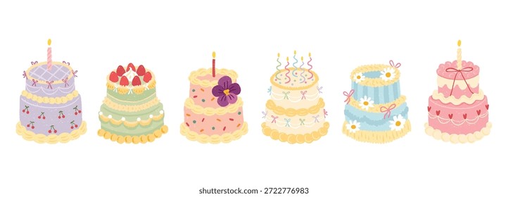 Vektor-Set von verschiedenen dekorierten Kuchen für Geburtstagsparty und Feier in niedlichen strukturierten Pastelldoodle-Stil. Inklusive Desserts mit Kerzen Obst Blumen Bögen, Herzen für Grußkarten Einladungen.