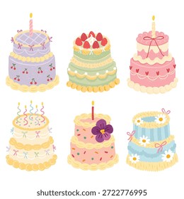 Vektor-Set von verschiedenen dekorierten Kuchen für Geburtstagsparty und Feier in niedlichen strukturierten Pastelldoodle-Stil. Inklusive Desserts mit Kerzen Obst Blumen Bögen, Herzen für Grußkarten Einladungen.