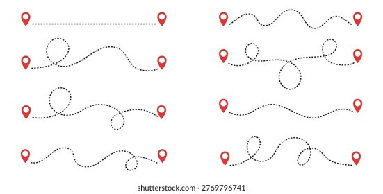 Vector set of various dotted and dashed flight paths with red location pins at start and end points. Clean minimalist design for interactive map UI, logistics diagrams, travel planning apps, and destination tracking
