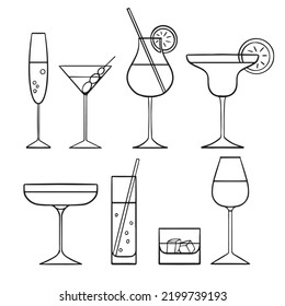 Vector set with various drinks. Cocktail party. Isolated vector drawing. 