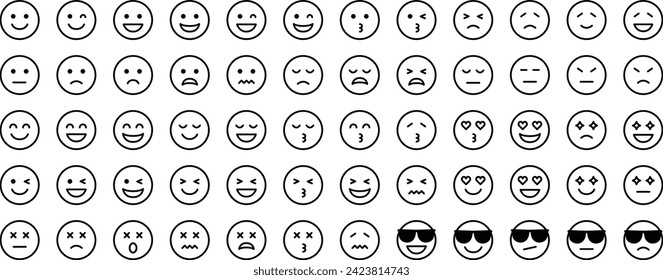 Vector set of various facial expressions of joy, anger, sorrow, and pleasure