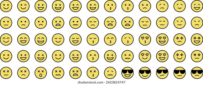 Vector set of various facial expressions of joy, anger, sorrow, and pleasure