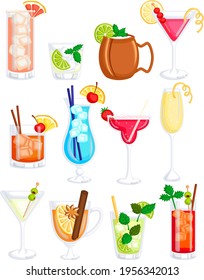 A Vector Set of Various Famous and Fresh Cold Cocktails Drink