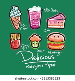 Conjunto vectorial de varios alimentos rápidos y bebidas al estilo de las caricaturas