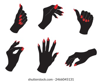 Vektorgrafik-Set aus verschiedenen weiblichen Handflächen-Silhouetten mit roten Nägeln, isoliert, Illustration auf weißem Hintergrund.
